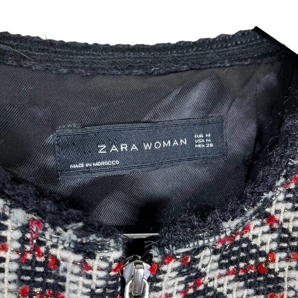Zara Tweed Blazer Metallic Wool Zebra Print Raw Hem Red Medium - Picture 11 of 13